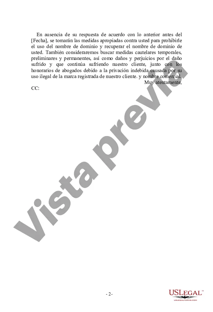 Preview Carta de cese y desistimiento por infracción de marca registrada en nombre de dominio de Internet