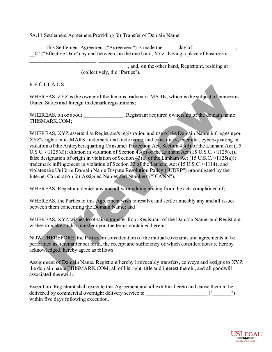 page 0 Settlement Agreement Providing for Transfer of Domain Name preview