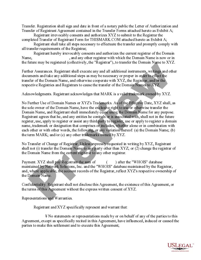 Preview Settlement Agreement Providing for Transfer of Domain Name