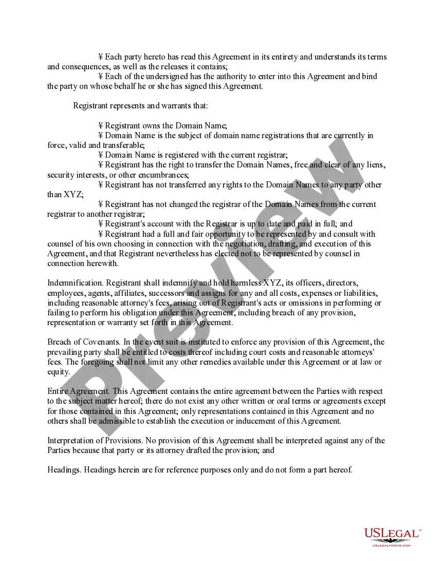 Preview Settlement Agreement Providing for Transfer of Domain Name