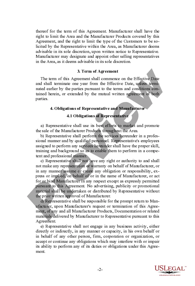 Preview Sales Representative Agreement for manufacturer of computer hardware and software