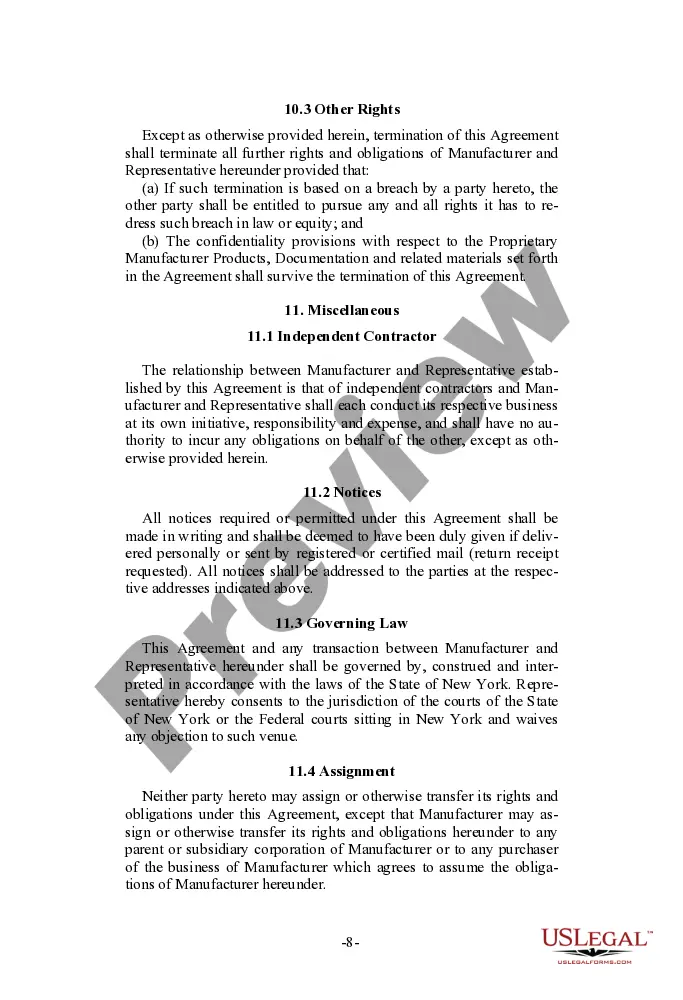 Preview Sales Representative Agreement for manufacturer of computer hardware and software