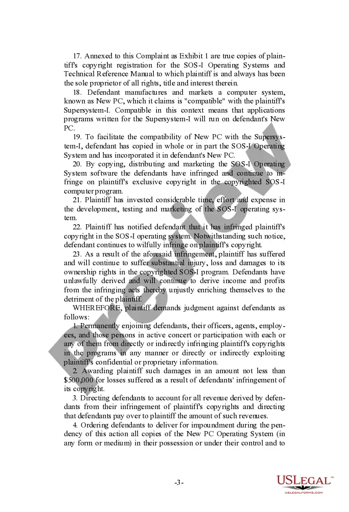 Get Complaint for Copyright Infringement of Computer Software Preview Complaint for Copyright Infringement of Computer Software