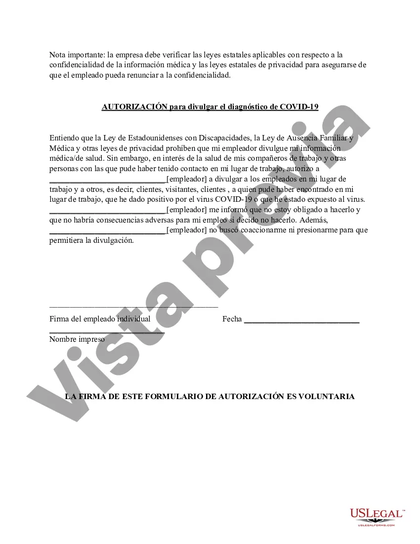 Preview Autorización del empleado para divulgar el resultado de la prueba de COVID-19