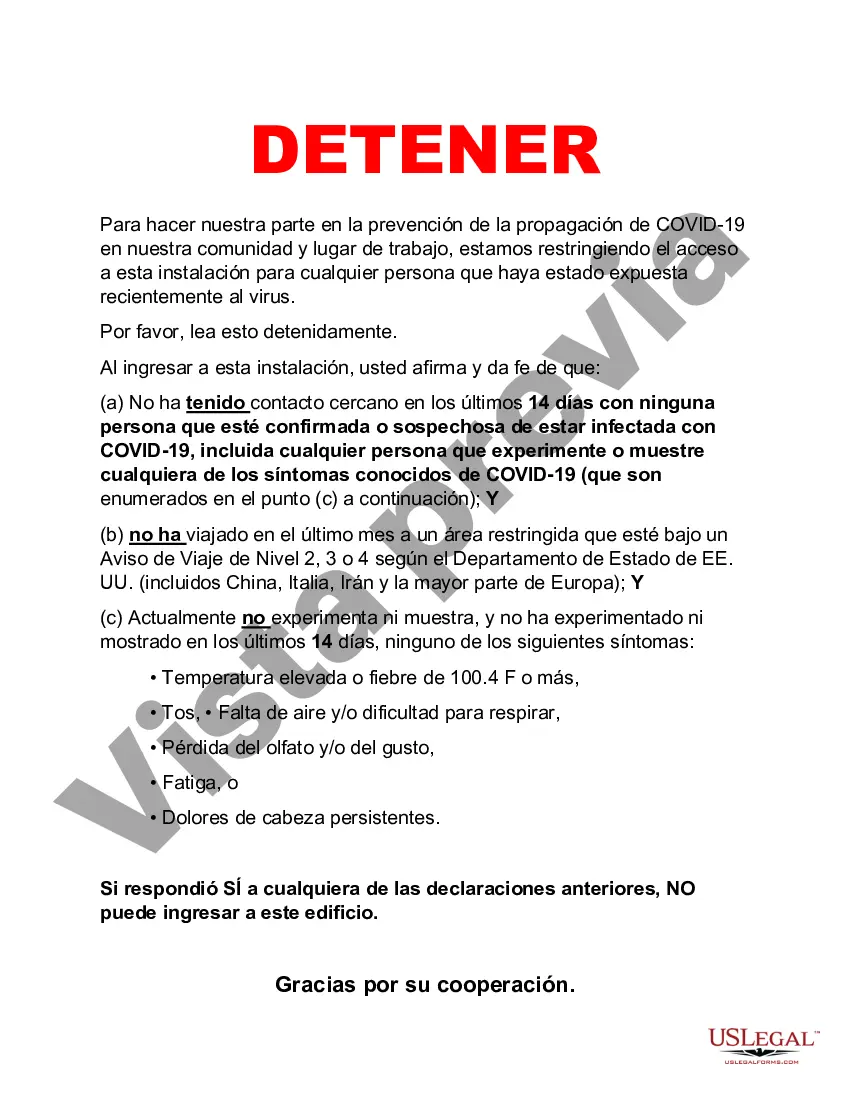 Preview Aviso en la puerta o punto de entrada con respecto a las restricciones de COVID-19