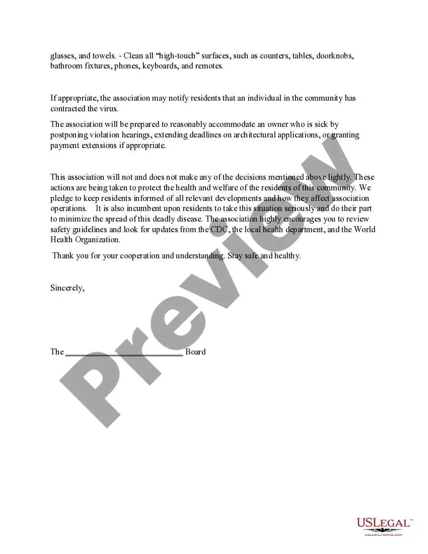 Get Letter to Community Residents from Association Board regarding COVID-19 coronavirus implications Preview Letter to Community Residents from Association Board regarding COVID-19 coronavirus implications