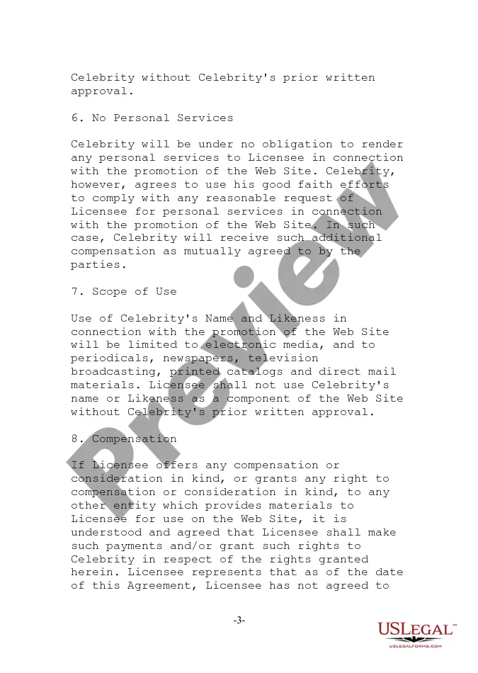 Preview Celebrity Promotion License Agreement for promoting website