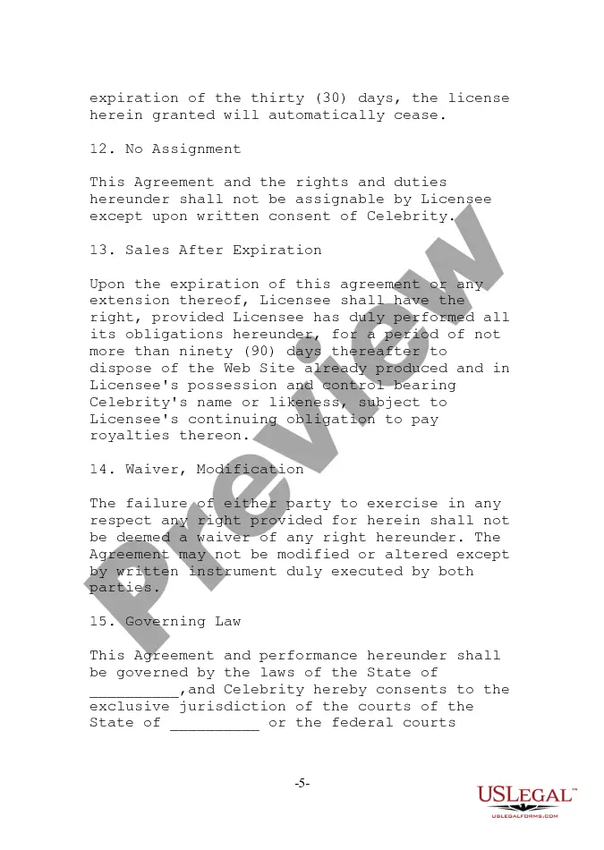 Preview Celebrity Promotion License Agreement for promoting website