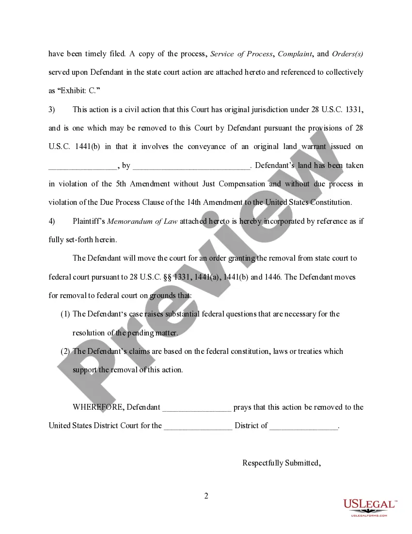 Preview Notice of Removal to Federal Court