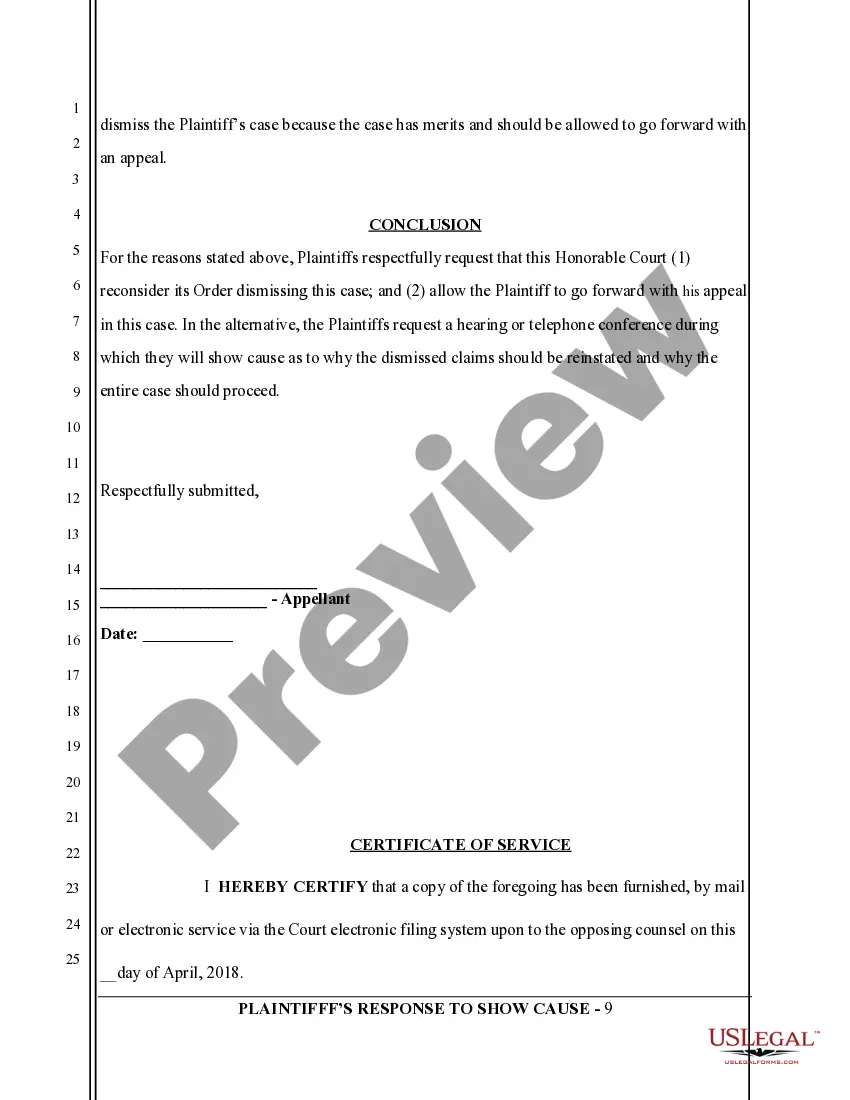 Get Plaintiff's Response to Show Cause Order Preview Plaintiff's Response to Show Cause Order