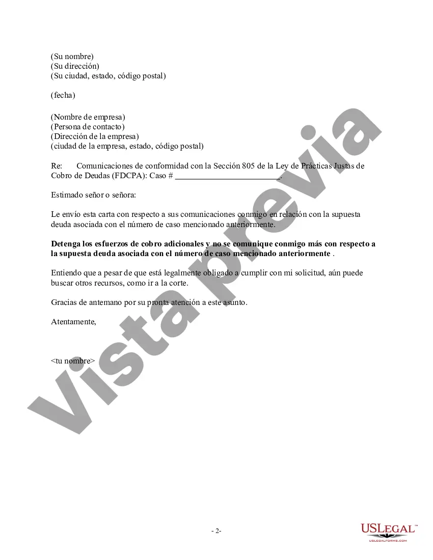 Preview Aviso de violación de la Ley de Deuda Justa - Aviso para detener el contacto