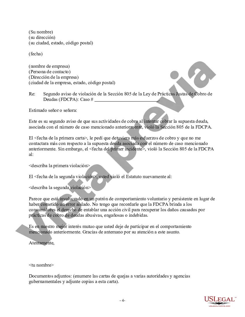 Preview Aviso de violación de la Ley de Deuda Justa - Aviso para detener el contacto