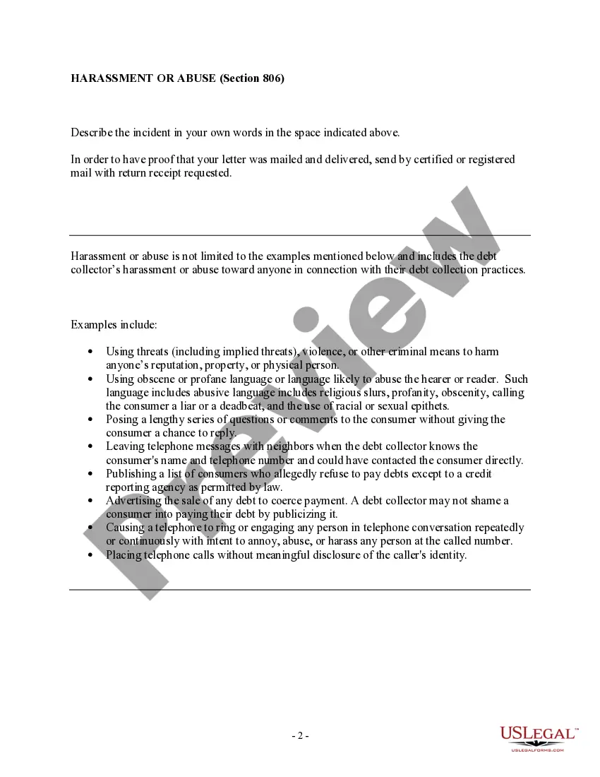 Preview Notice letter to debt collector of Section 806 violation - harassment