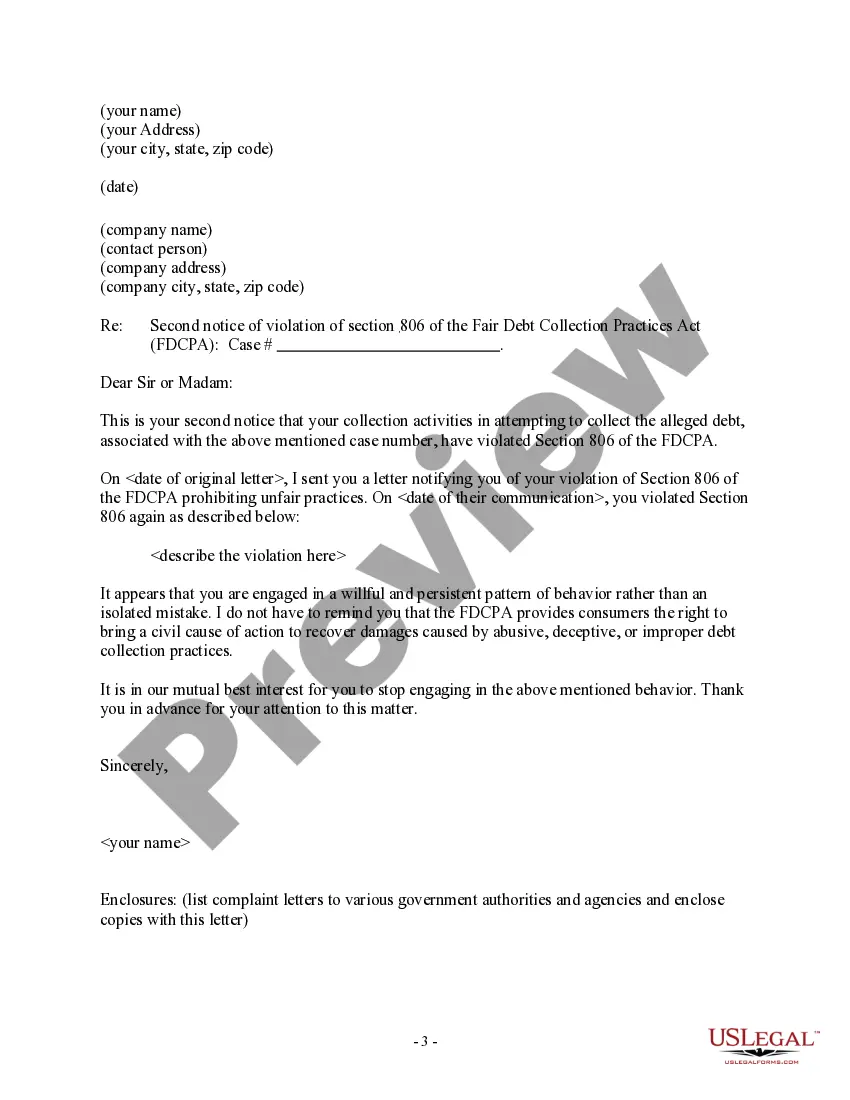 Preview Notice letter to debt collector of Section 806 violation - harassment