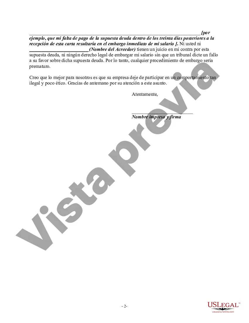 Preview Carta que informa al cobrador de deudas sobre tergiversaciones falsas o engañosas en las actividades de cobro - Representación falsa de que la falta de pago de cualquier deuda resultará en la incautación, embargo, embargo o venta de cualquier propiedad o salario