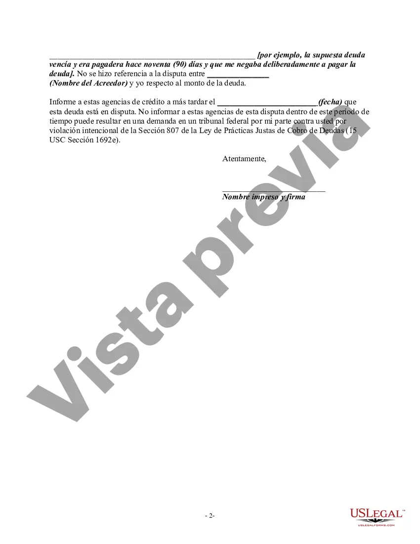 Preview Carta que informa al cobrador de declaraciones falsas o engañosas en las actividades de cobro: comunicación o amenaza de comunicar a cualquier persona información crediticia falsa, incluida la falta de comunicación de que una deuda está en disputa