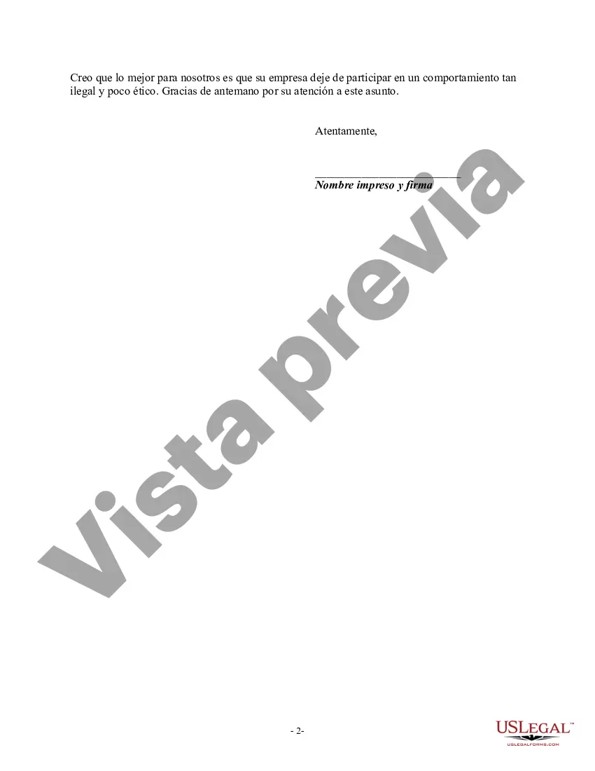 Preview Carta que informa al cobrador de declaraciones falsas o engañosas en las actividades de cobro: engañar a un consumidor en cuanto a las consecuencias legales de sus acciones, por ejemplo, implicar falsamente que la falta de respuesta es una admisión de responsabilidad