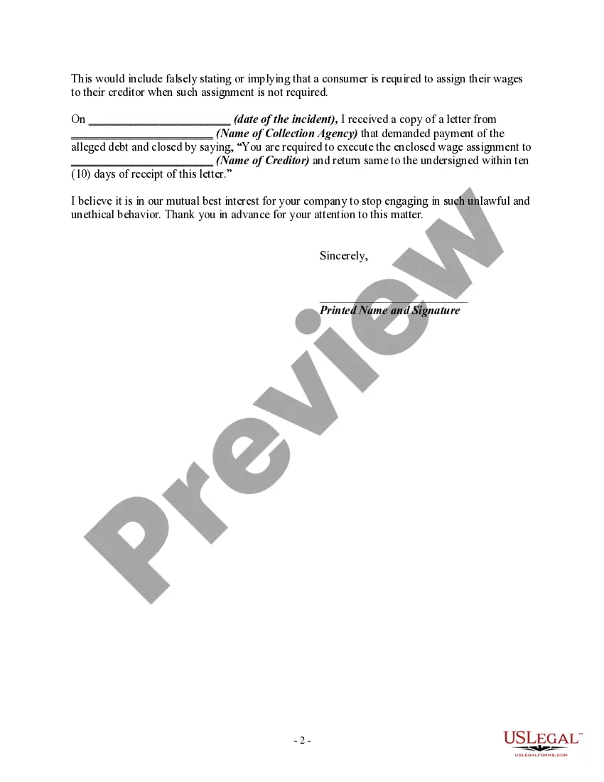 Preview Letter Informing Debt Collector of False or Misleading Misrepresentations in Collection Activities - Using False Representation or Deceptive Means to Collect a Debt