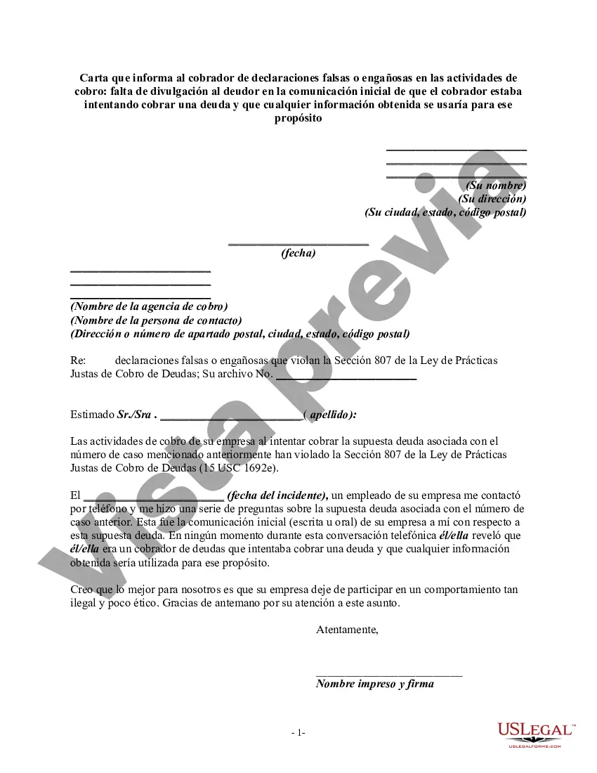 Preview Carta que informa al cobrador de deudas sobre tergiversaciones falsas o engañosas en las actividades de cobro: falta de divulgación al deudor en la comunicación inicial de que el cobrador de deudas estaba intentando cobrar una deuda