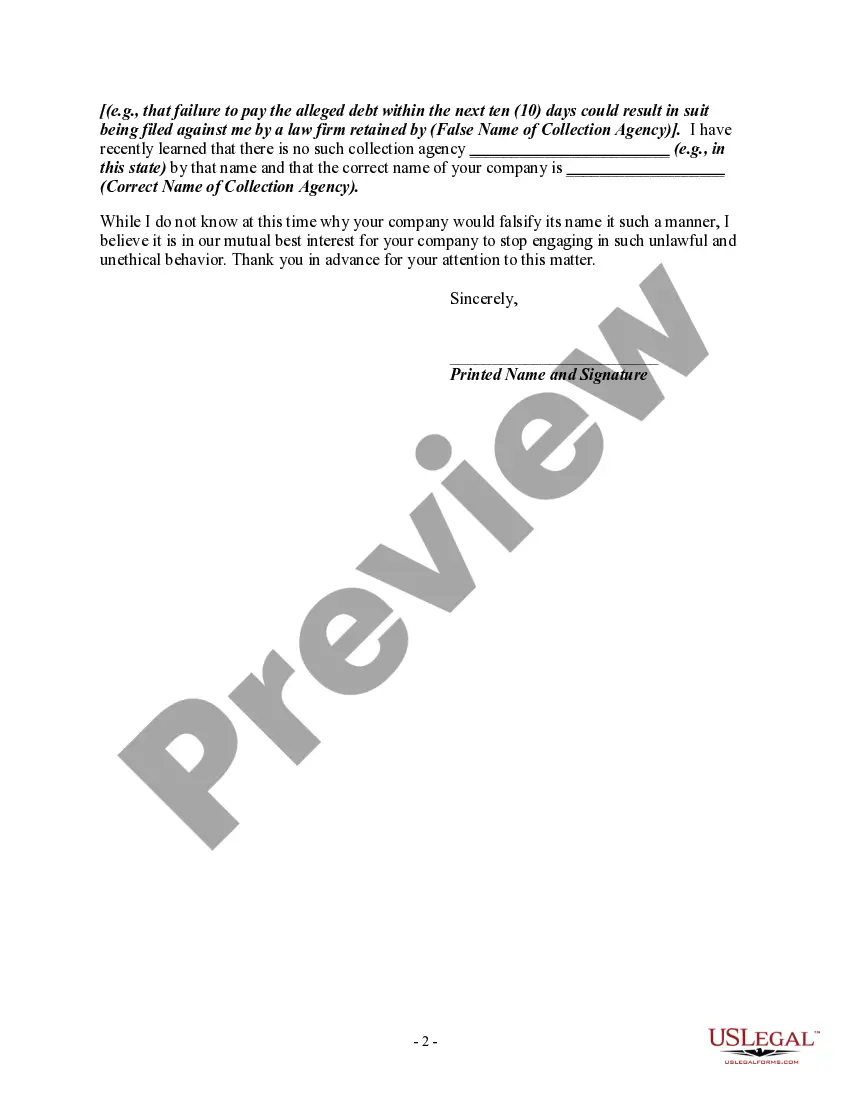 Get Letter Informing  Debt Collector of False or Misleading Misrepresentations in Collection Activities - Using a Business Name Other Than the True Name of the Debt Collector's Business Preview Letter Informing  Debt Collector of False or Misleading Misrepresentations in Collection Activities - Using a Business Name Other Than the True Name of the Debt Collector's Business