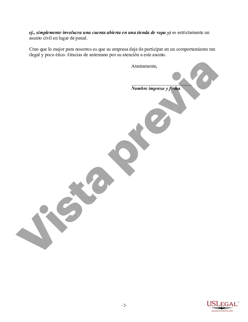 Preview Carta que informa al cobrador de declaraciones falsas o engañosas en las actividades de cobro: representa falsamente que la falta de pago de cualquier deuda resultará en el arresto o encarcelamiento de cualquier persona