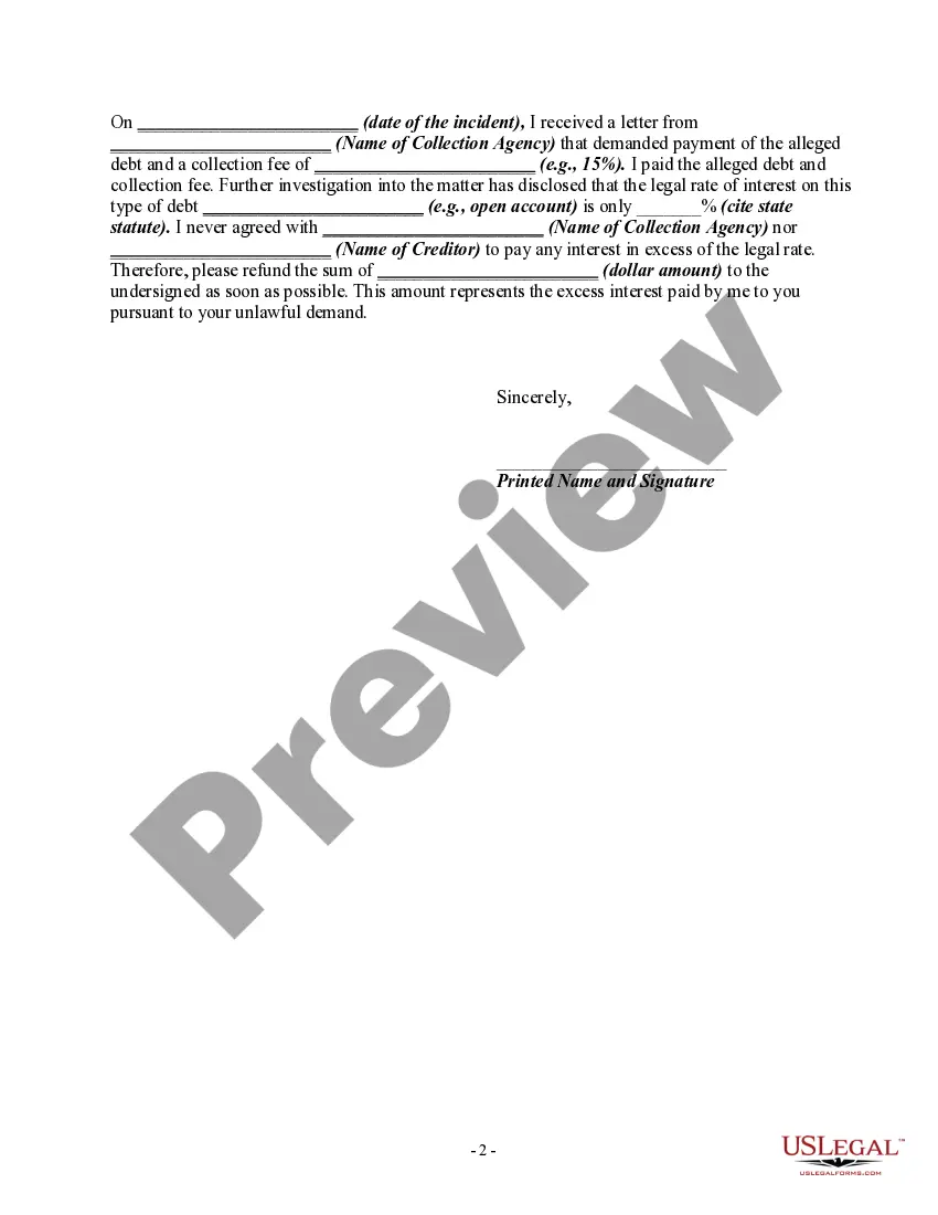 Get Letter Informing Debt Collector of Unfair Practices in Collection Activities - Collecting an Amount not Authorized by the Agreement Creating the Debt or by Law Preview Letter Informing Debt Collector of Unfair Practices in Collection Activities - Collecting an Amount not Authorized by the Agreement Creating the Debt or by Law