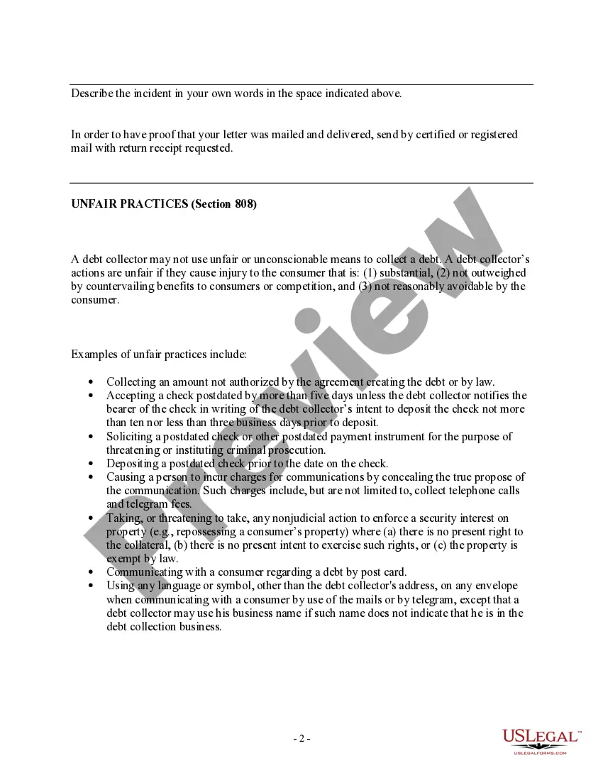 Preview Notice Letter to Debt Collector of Section 808 Violation - Unfair Practices