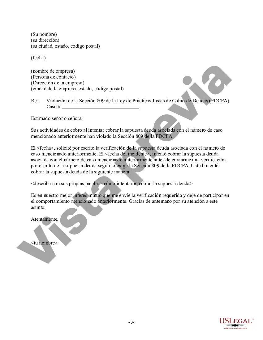Preview Carta al cobrador de deudas que solicita la verificación de una deuda en respuesta a su carta de validación