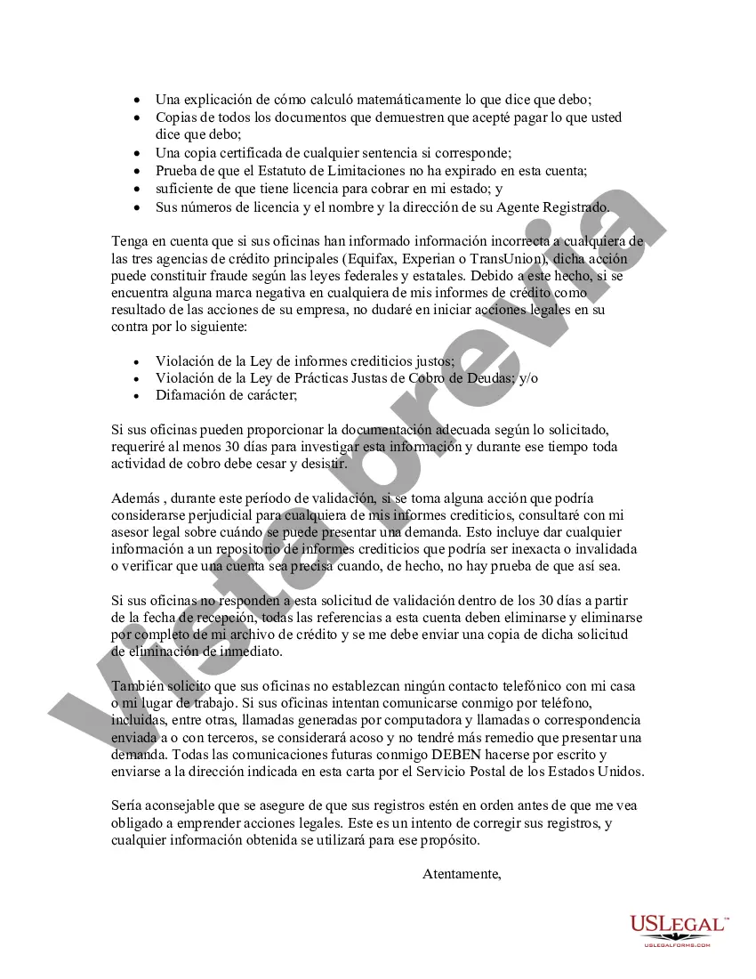 Preview Carta negando que el presunto deudor debe el monto de los cargos financieros, intereses o multas que se cobran sobre la supuesta deuda y solicitando una agencia de cobranza para validar que el presunto deudor debe estos cargos