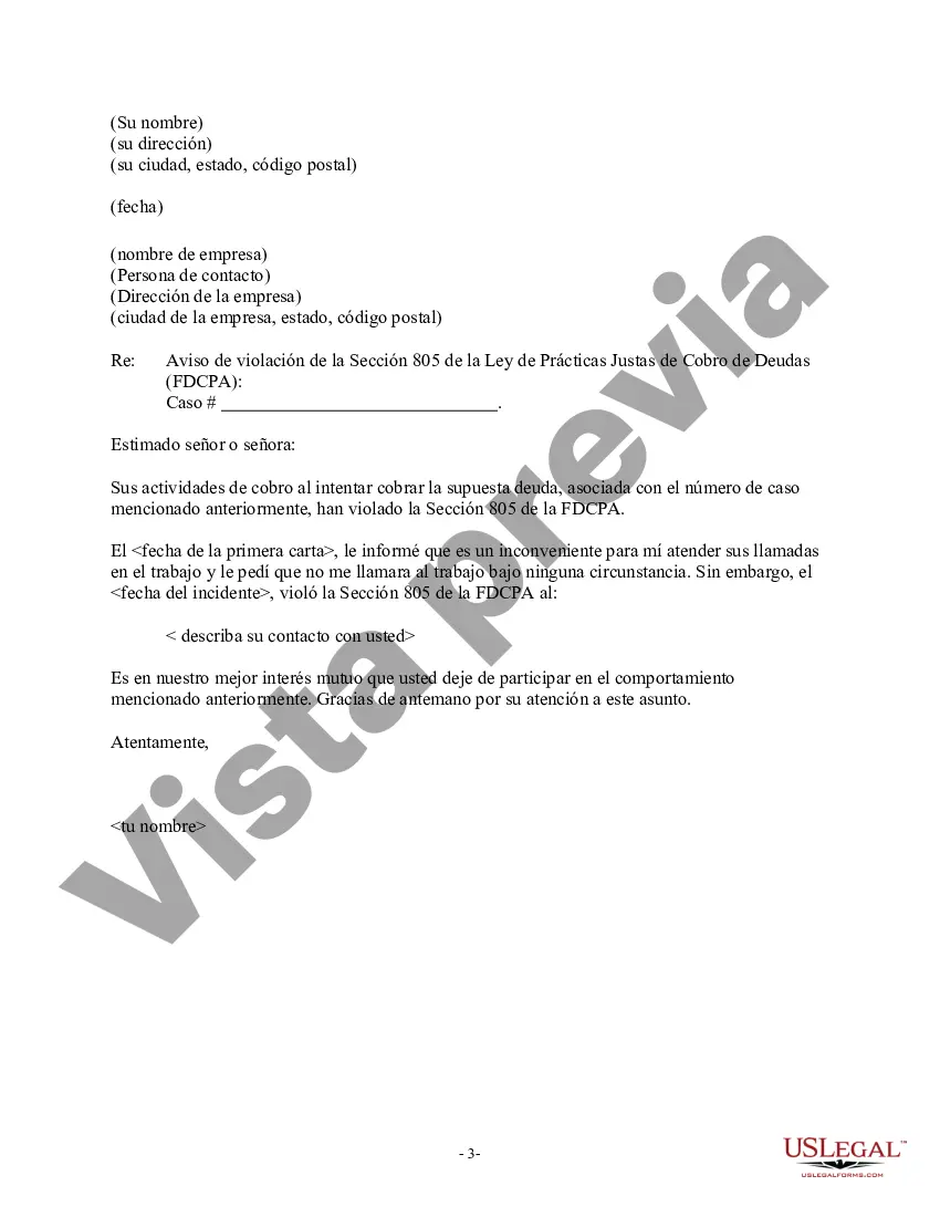 Preview Aviso de violación de la Ley de deuda justa: contacto inadecuado en el trabajo