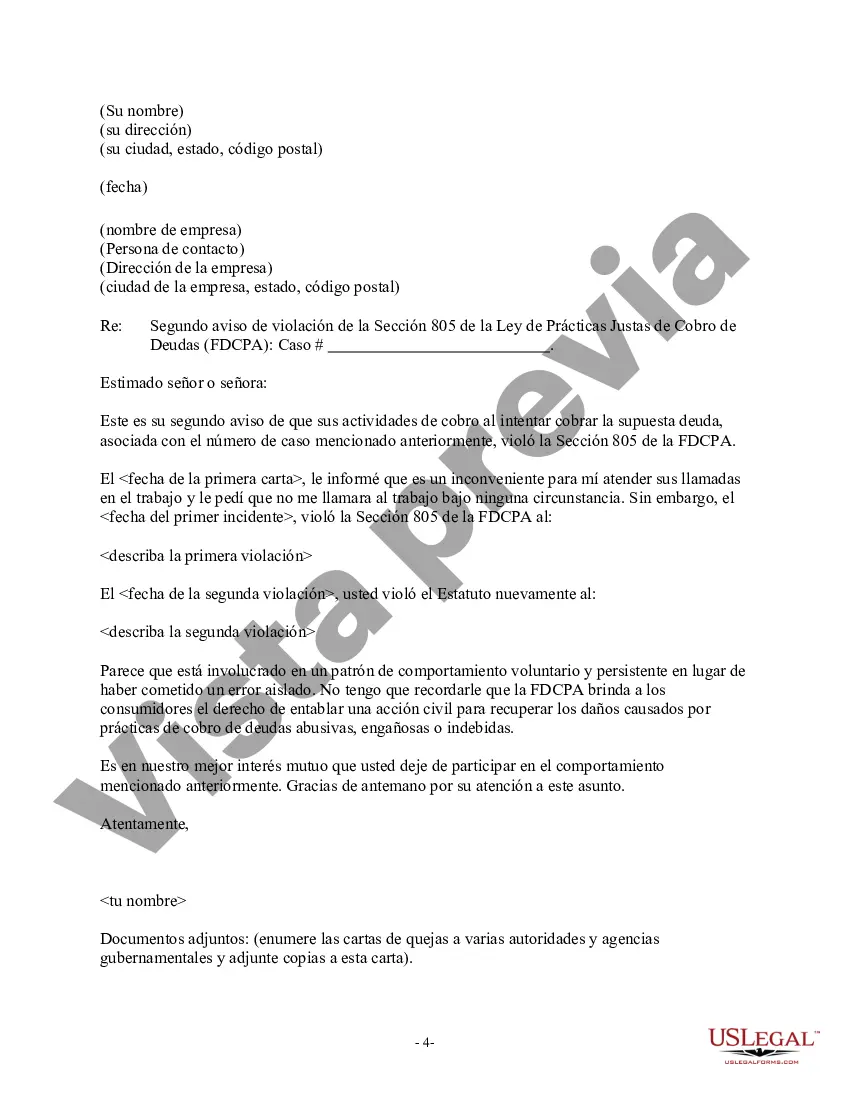 Preview Aviso de violación de la Ley de deuda justa: contacto inadecuado en el trabajo