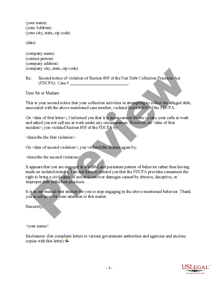 Get Notice of Violation of Fair Debt Act - Improper Contact at Work Preview Notice of Violation of Fair Debt Act - Improper Contact at Work