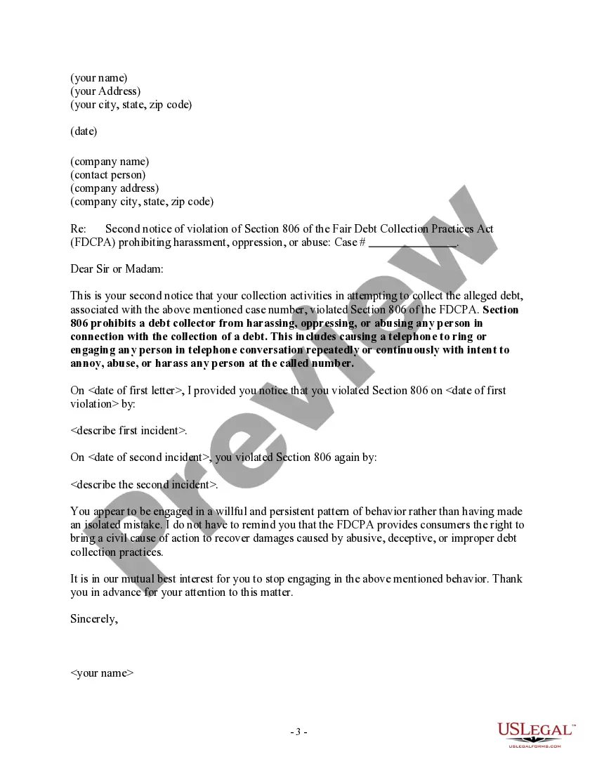 Preview Notice to Debt Collector - Unlawful Repeated or Continuous Telephone Calls