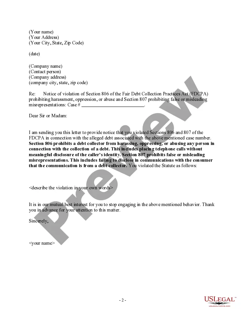 Preview Notice to Debt Collector - Not Disclosing the Caller's Identity