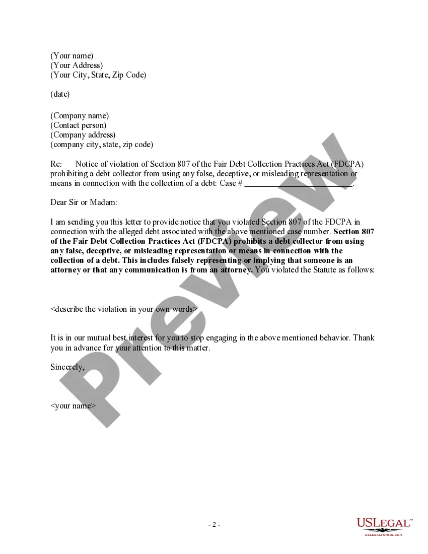 Preview Notice to Debt Collector - Misrepresenting Someone as an Attorney
