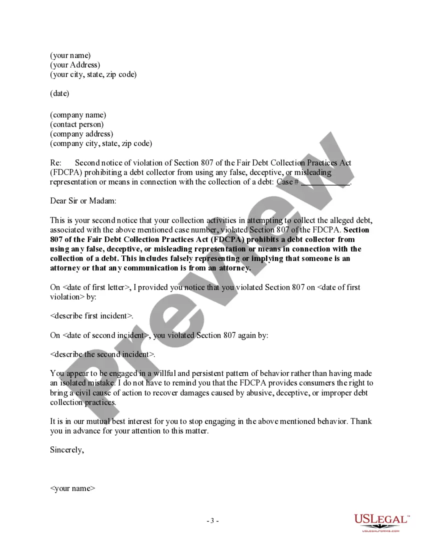 Preview Notice to Debt Collector - Misrepresenting Someone as an Attorney
