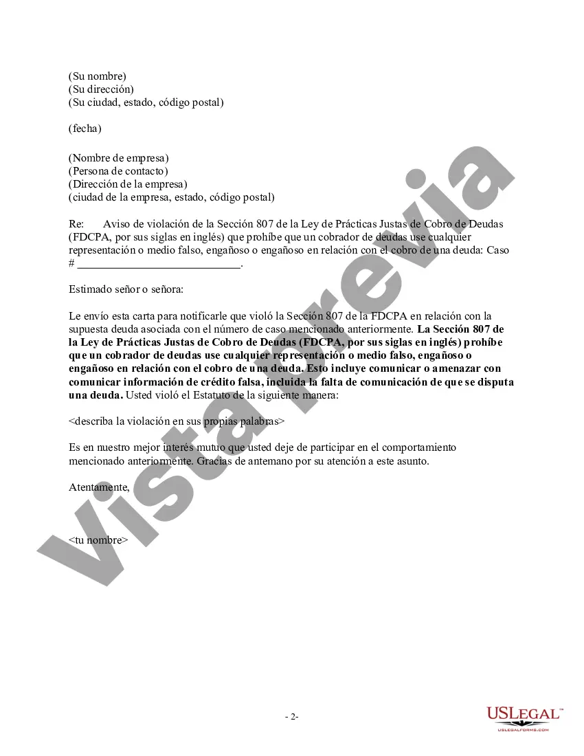 Preview Aviso de violación de la Ley de deuda justa: divulgación de información falsa