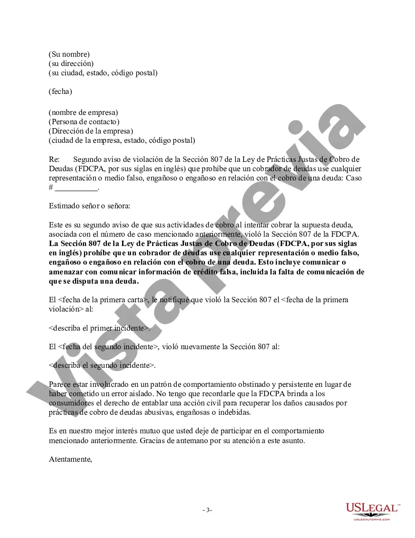 Preview Aviso de violación de la Ley de deuda justa: divulgación de información falsa