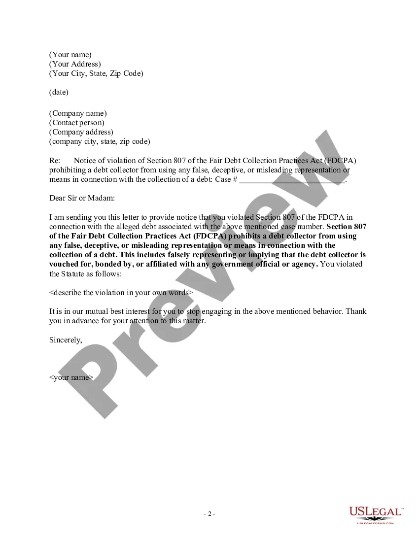 Get Notice of Violation of Fair Debt Act - Creditor Misrepresented Himself Preview Notice of Violation of Fair Debt Act - Creditor Misrepresented Himself