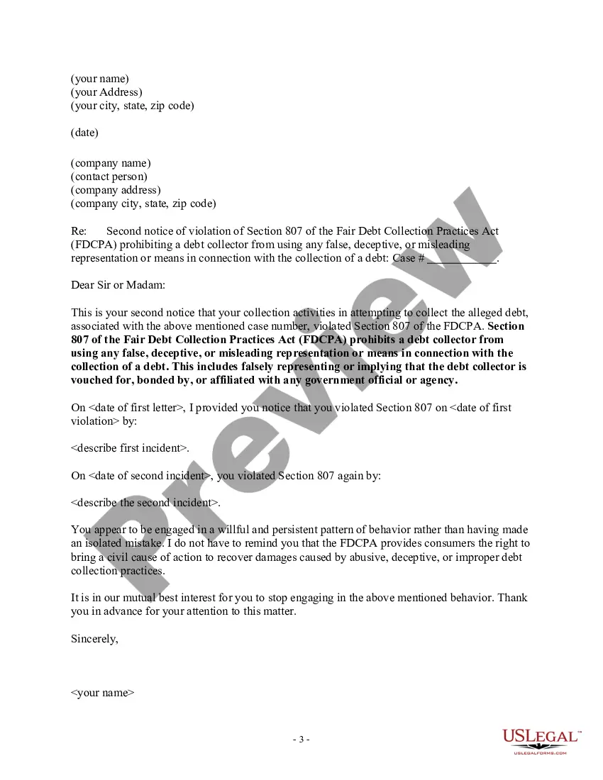 Get Notice of Violation of Fair Debt Act - Creditor Misrepresented Himself Preview Notice of Violation of Fair Debt Act - Creditor Misrepresented Himself
