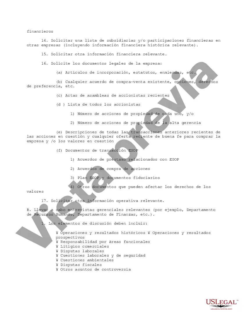 Preview Plan de empleados ESOP Lista de verificación complementaria de diligencia debida