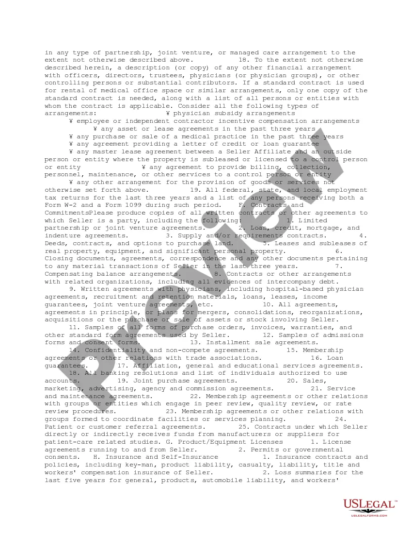 Get Due Diligence Document Request List for Hospital Acquisition Preview Due Diligence Document Request List for Hospital Acquisition