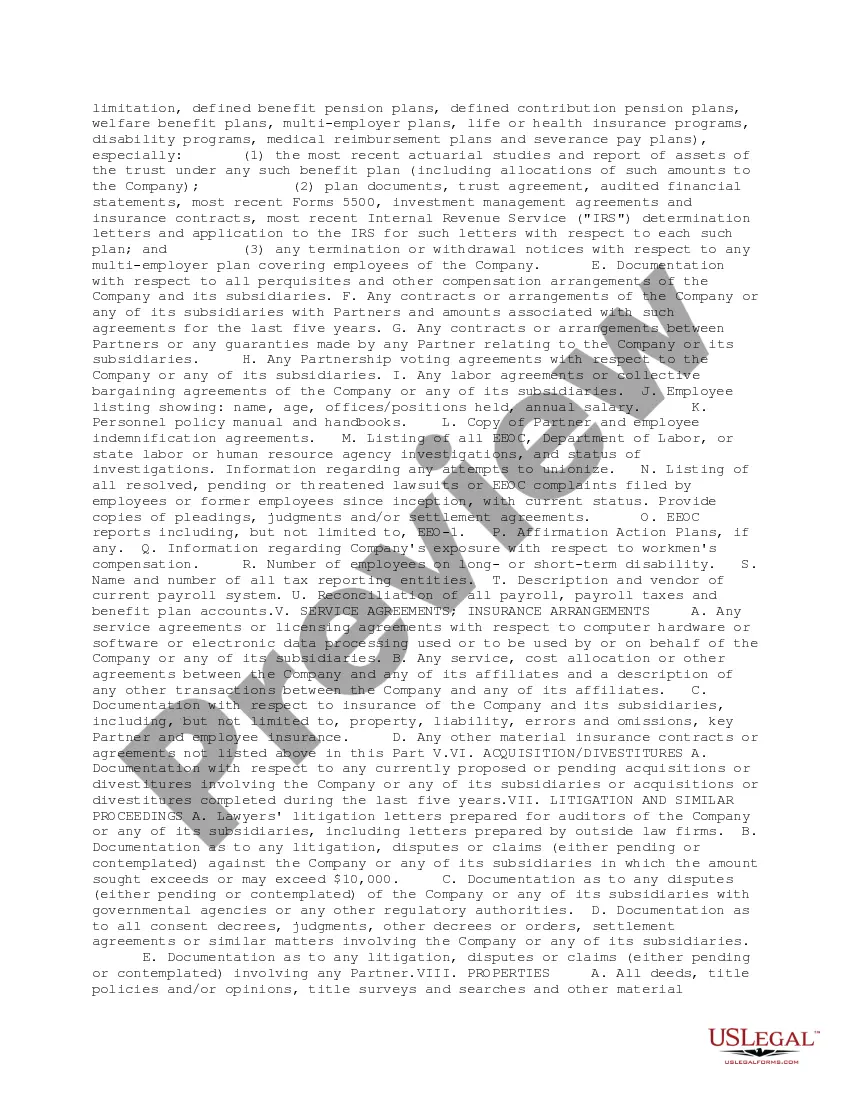 Preview Short Form Due Diligence Request List for Partnership Target Company