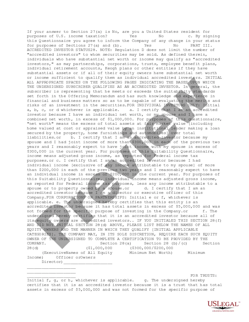 Preview Investor Suitability Questionnaire