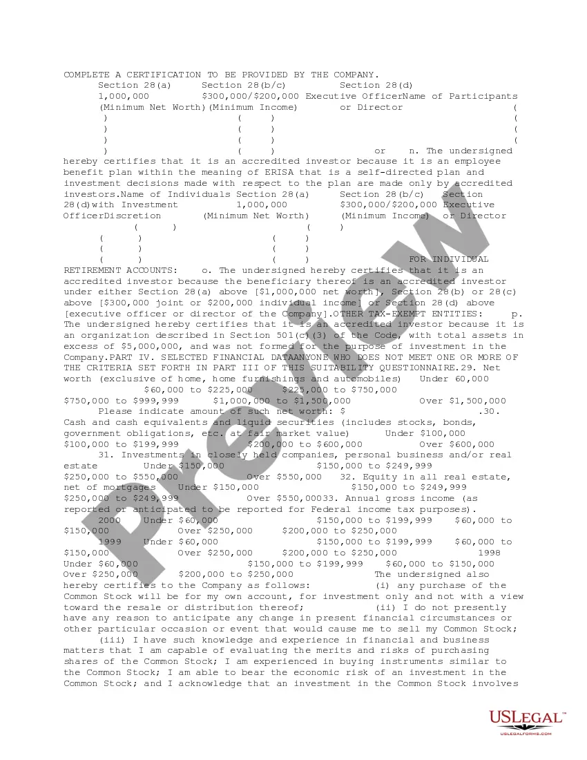 Preview Investor Suitability Questionnaire