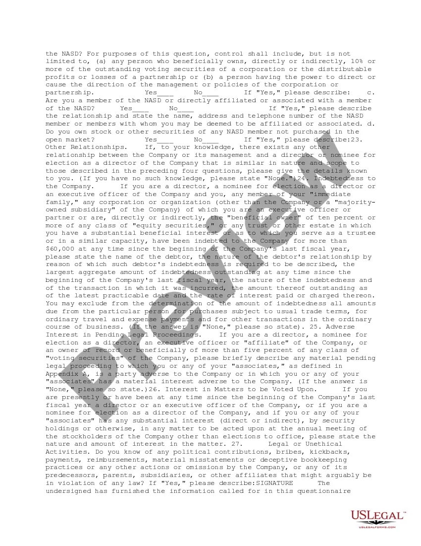 Get Questionnaire for Directors and Officers Annual Proxy Statement Preview Questionnaire for Directors and Officers Annual Proxy Statement