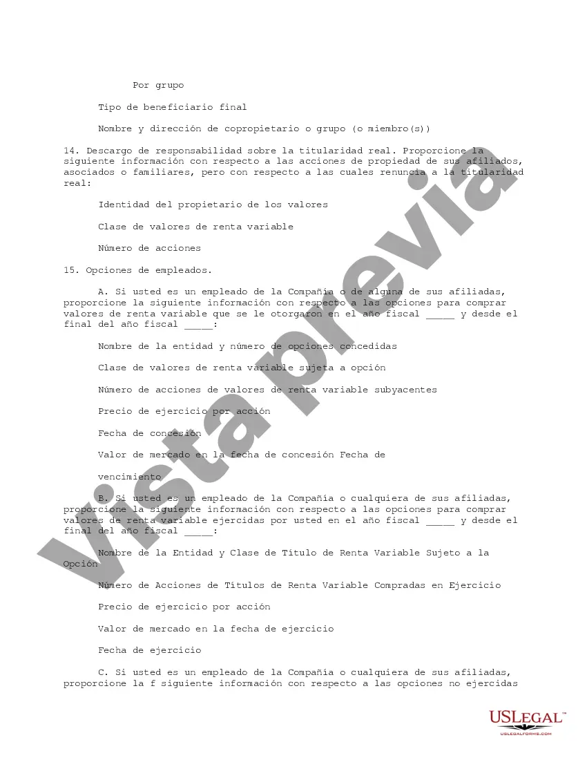 Get Cuestionario completo para accionistas, incluidos funcionarios y directores que tengan al menos el cinco por ciento Preview Cuestionario completo para accionistas, incluidos funcionarios y directores que tengan al menos el cinco por ciento