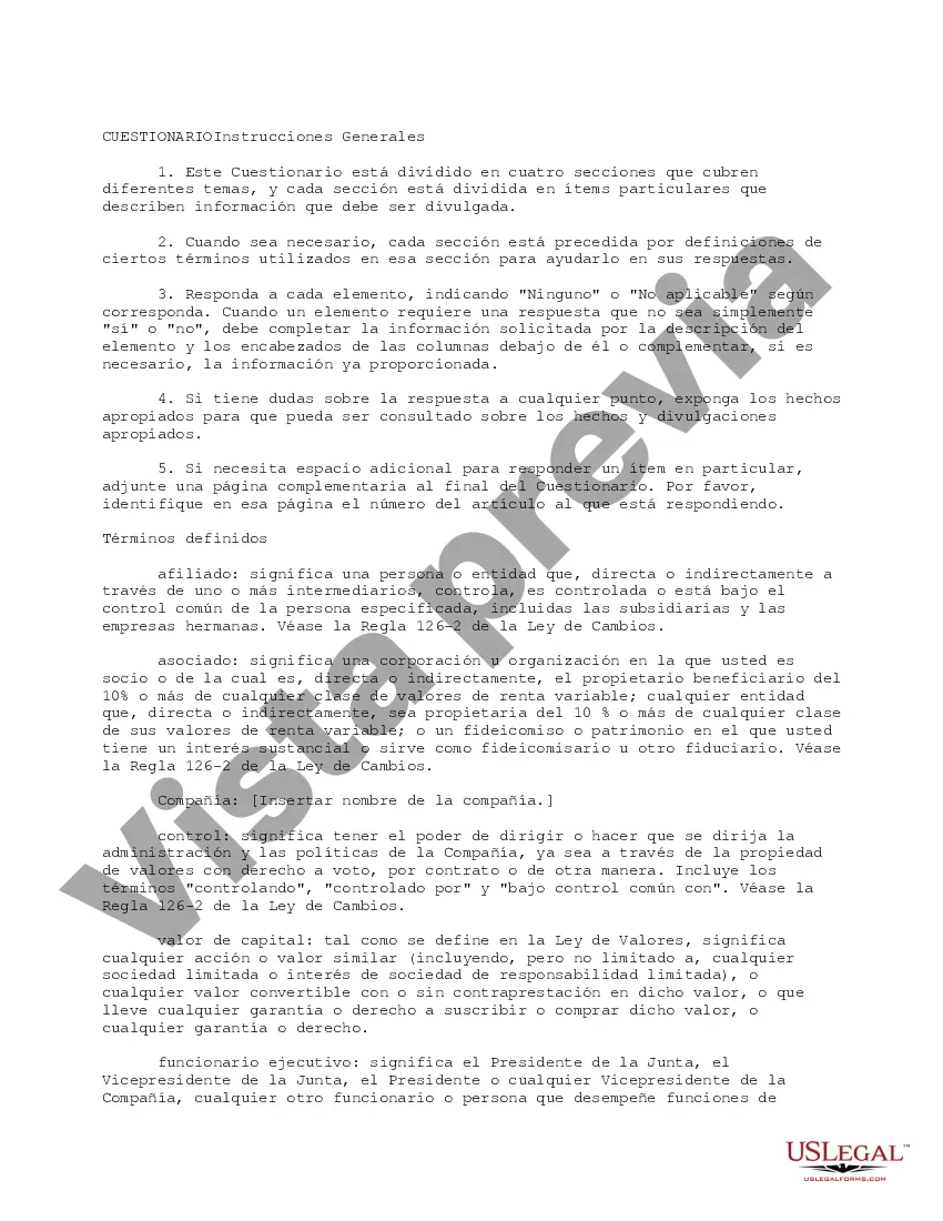 Get Cuestionario completo para accionistas, incluidos funcionarios y directores que tengan al menos el cinco por ciento Preview Cuestionario completo para accionistas, incluidos funcionarios y directores que tengan al menos el cinco por ciento