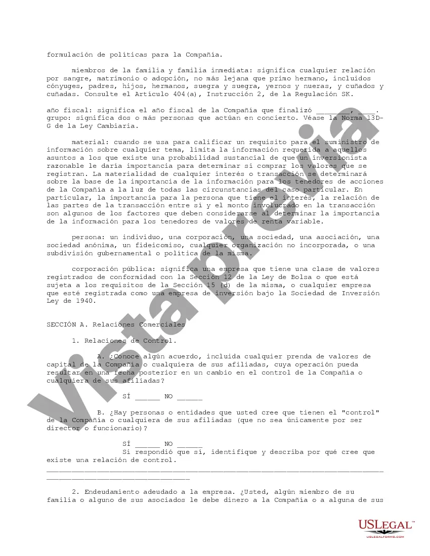 Get Cuestionario completo para accionistas, incluidos funcionarios y directores que tengan al menos el cinco por ciento Preview Cuestionario completo para accionistas, incluidos funcionarios y directores que tengan al menos el cinco por ciento