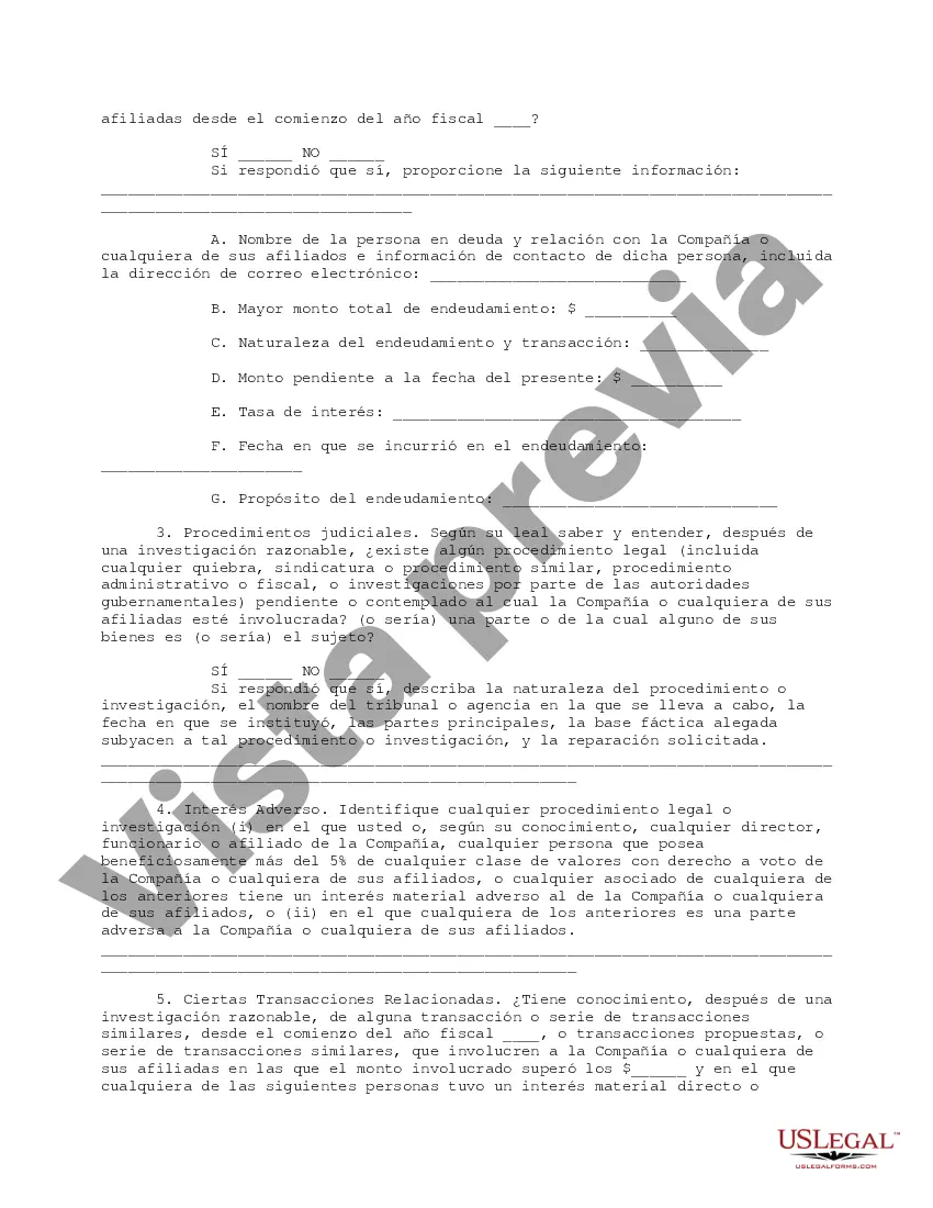Get Cuestionario completo para accionistas, incluidos funcionarios y directores que tengan al menos el cinco por ciento Preview Cuestionario completo para accionistas, incluidos funcionarios y directores que tengan al menos el cinco por ciento